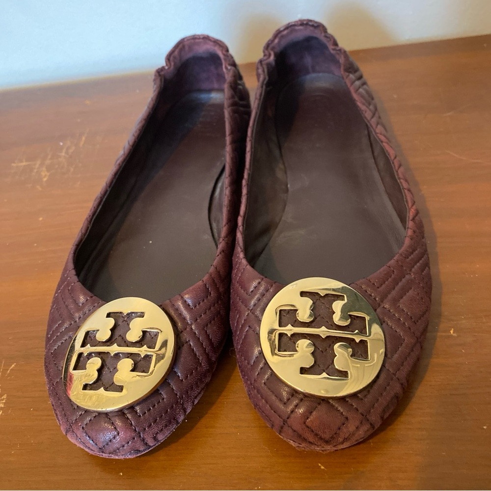Tory Burch Burgundy Quilted Flats with Gold Logo